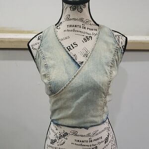 ZARA | Women's Rust Blue Cotton Denim Wrap Halter Tie Cropped Top NWOT